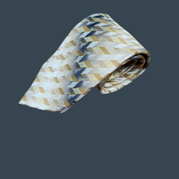 Geoffrey Beene 100% Silk Geometric Pattern Men's Necktie Beige/Gold/Black - Picture 1 of 6
